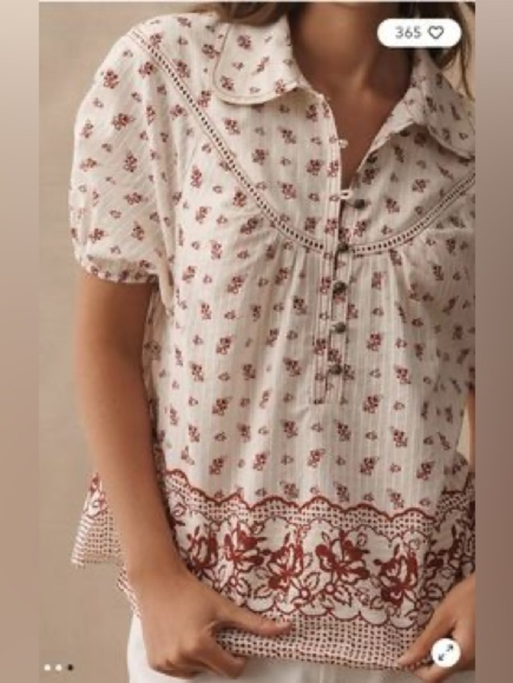 Anthropologie Cream and Red Short-Sleeve Paisley Floral Bandana Button-Up Top - Picture 2 of 8